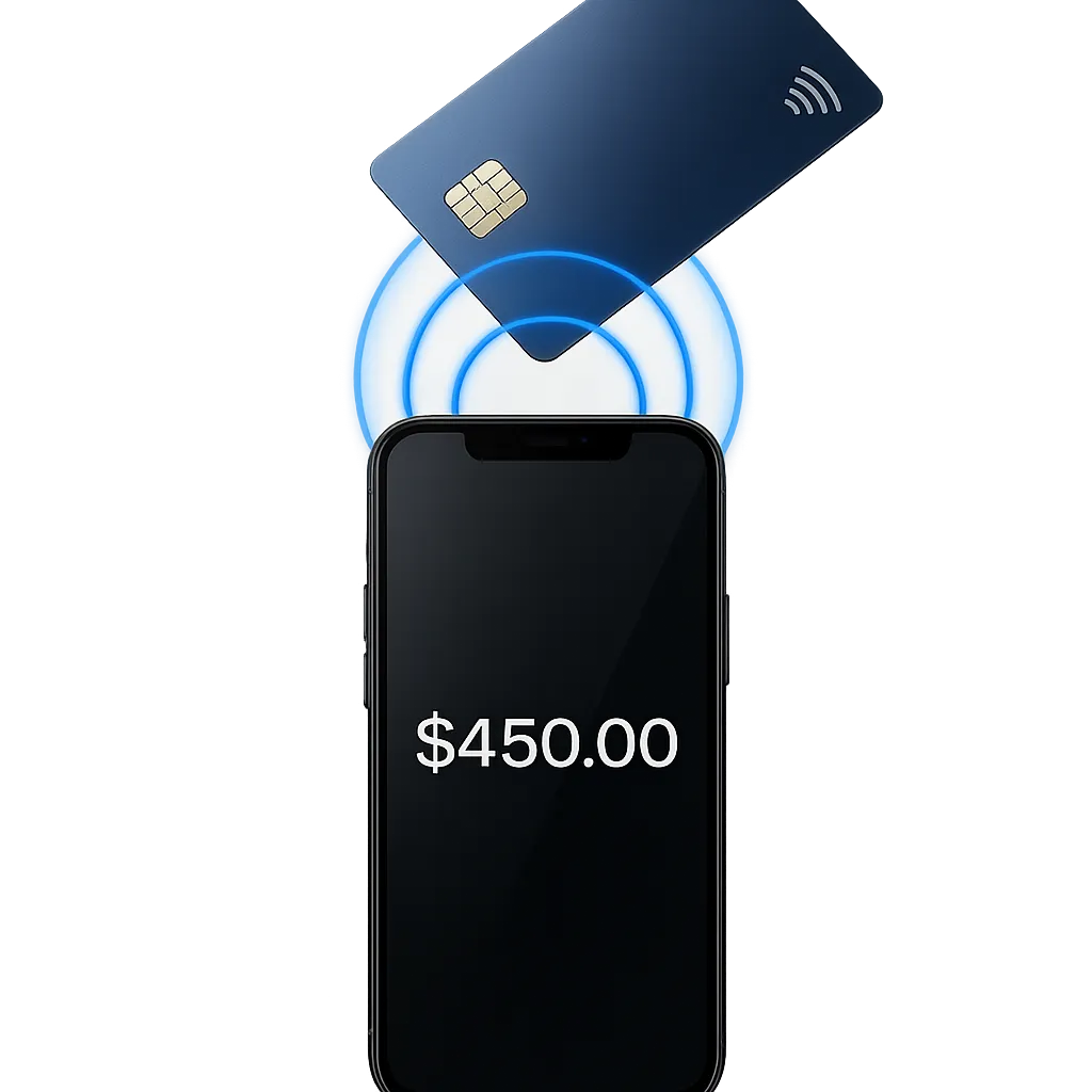 Floating smartphone with payment success interface and NFC waves
