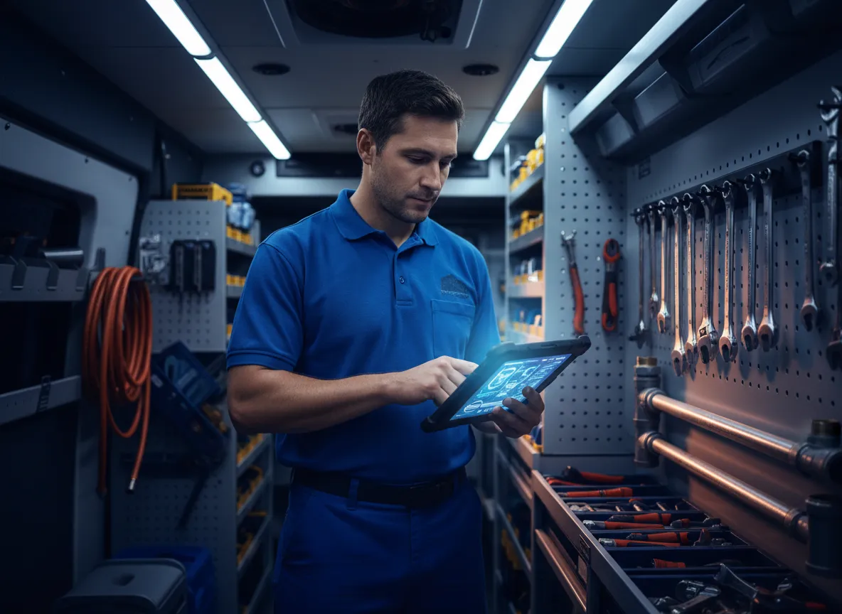 Plumber in uniform reviewing database dashboard on a tablet