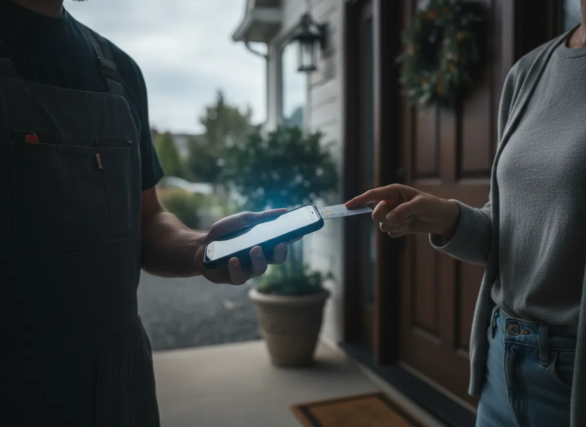 Plumber holding a phone showing doorstep payment interface