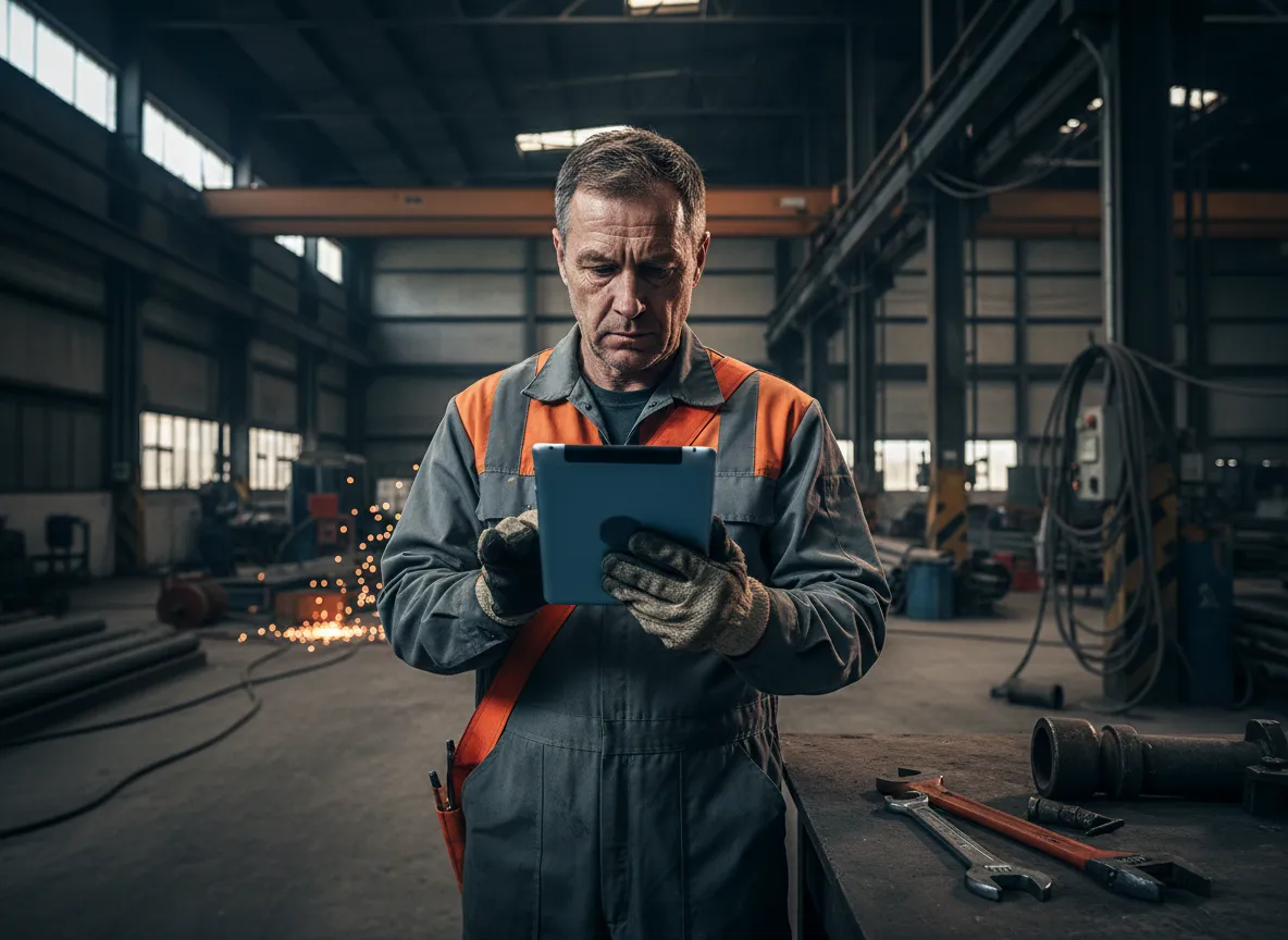 Plumber working at a job site with a tablet
