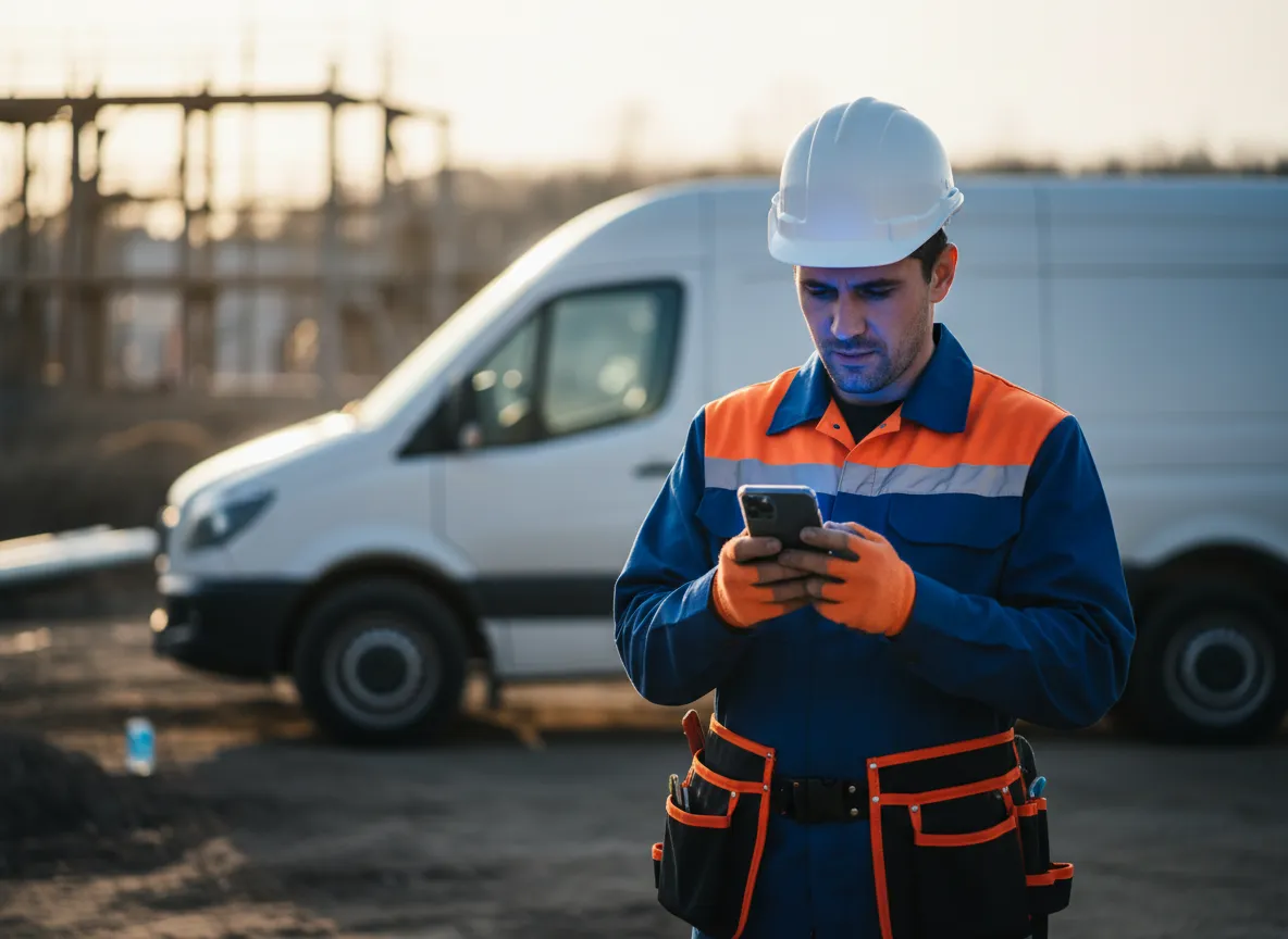 Plumber in hard hat looking at mobile phone for new leads
