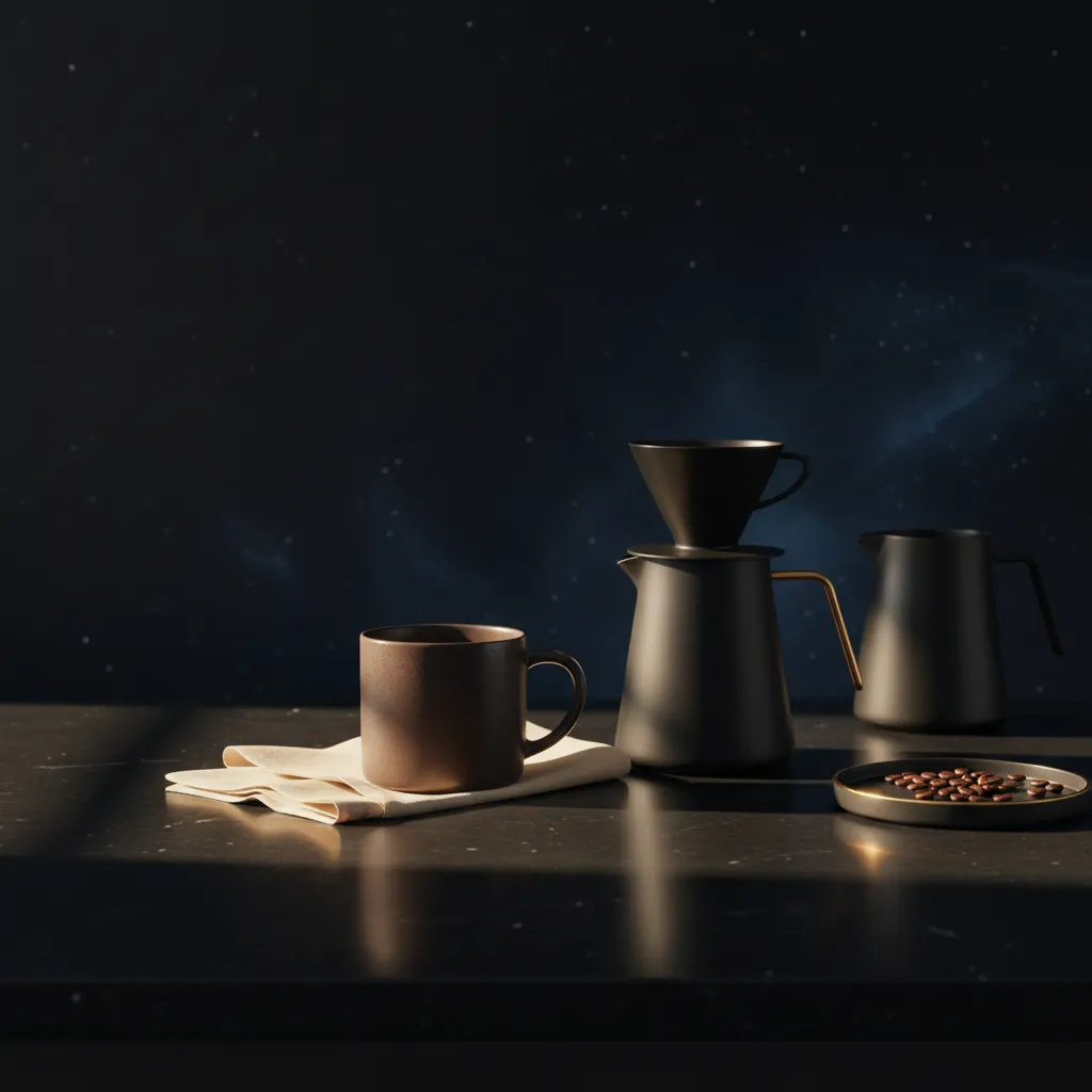 Morning ritual coffee setup with cosmic lighting