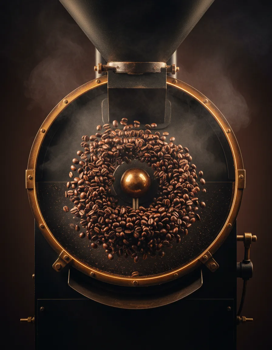 Atmospheric, cinematic shot of specialty coffee beans during the dark roasting process