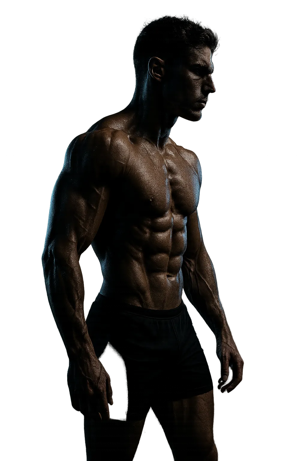 Low-key cinematic portrait of an elite muscular athletic silhouette in dramatic shadows