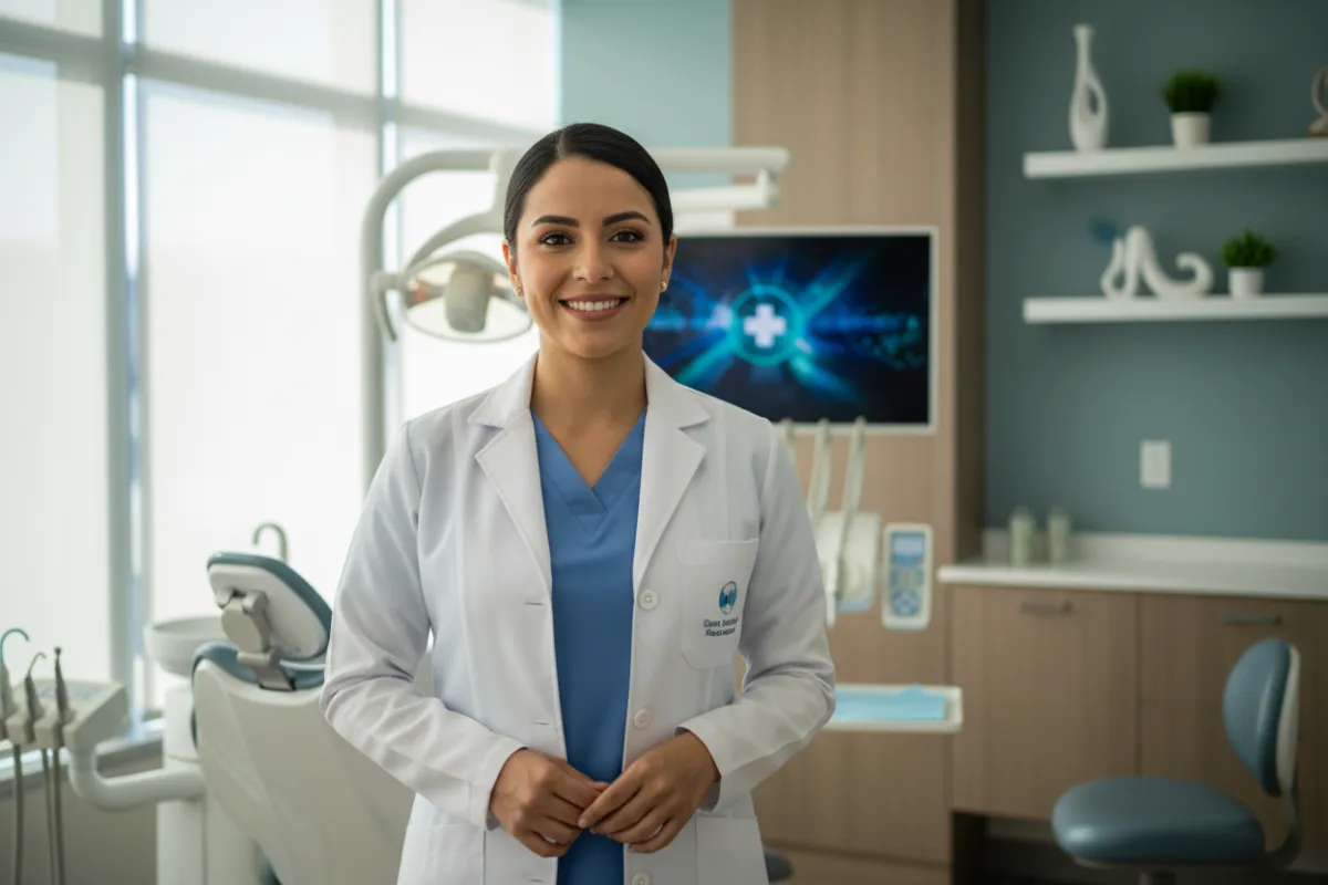 Odontóloga colombiana sonriente con bata blanca, fondo consultorio moderno, luz natural, ambiente profesional y acogedor, estilo realista