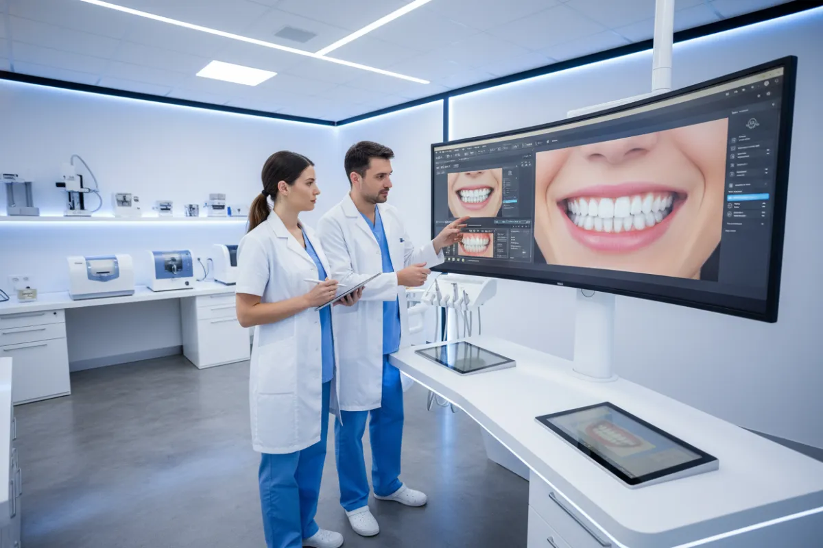 Equipo dental trabajando en diseño digital de sonrisa, pantalla con simulación, ambiente moderno, estilo realista