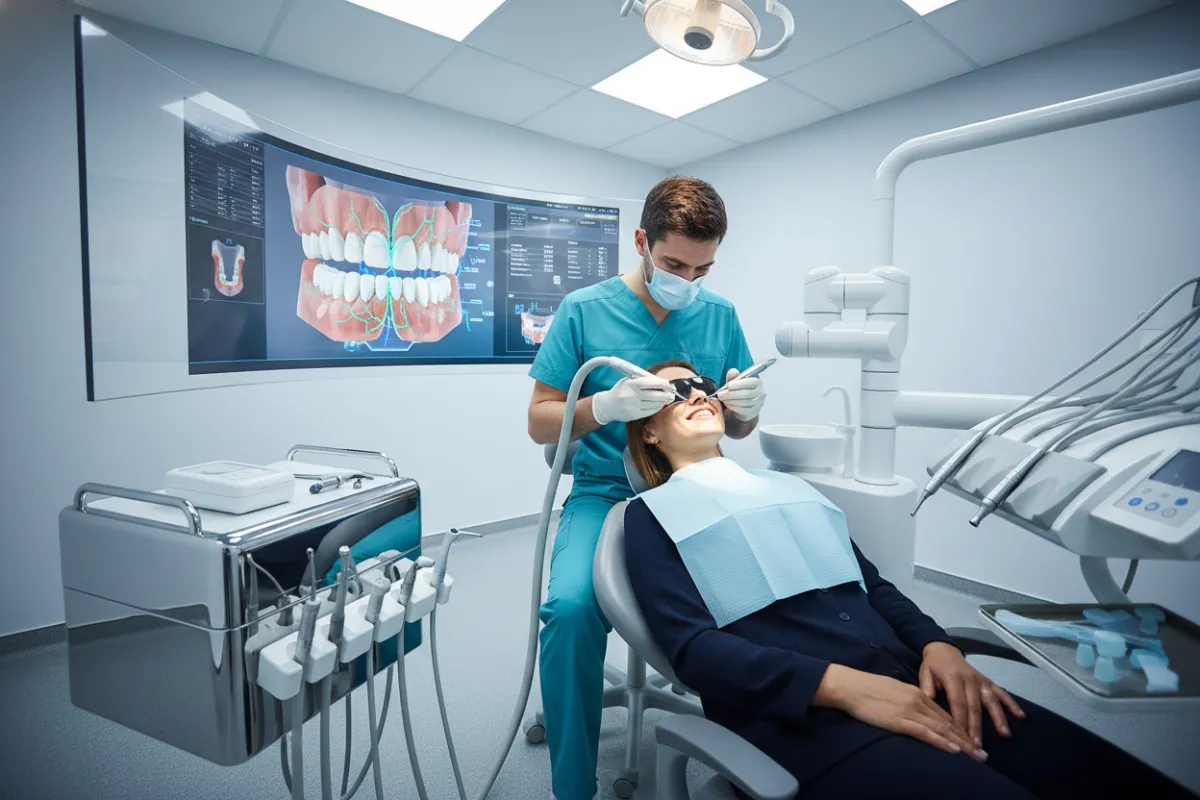 Odontólogo colocando implante dental, paciente sonriente, equipo moderno, ambiente clínico, estilo realista