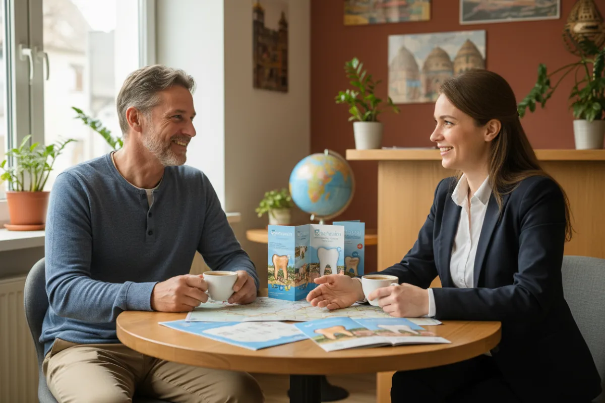 Paciente extranjero conversando con coordinadora de turismo dental, mapas y folletos, ambiente amigable, estilo realista