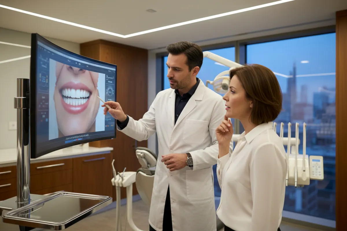 Paciente adulta viendo simulación digital de sonrisa, odontólogo explicando detalles, ambiente elegante, estilo realista