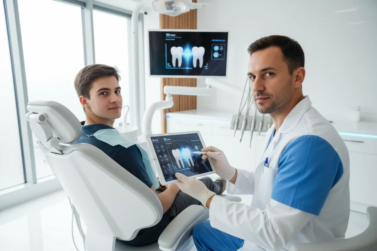 Paciente joven recibiendo evaluación dental, odontólogo usando tablet, ambiente luminoso, estilo realista