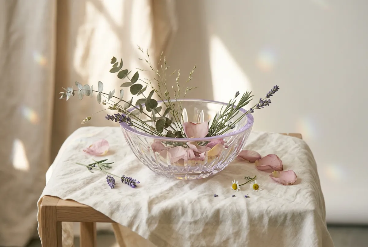 Ethereal crystal bowl and botanical elements bathed in soft ambient light