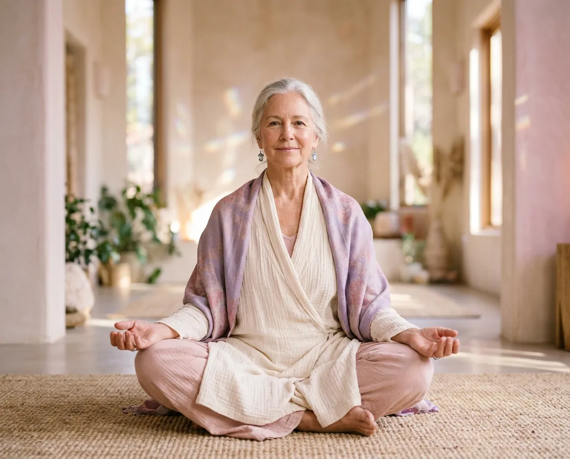 Serene spiritual mentor in a high-key sunlit sanctuary with soft prismatic light