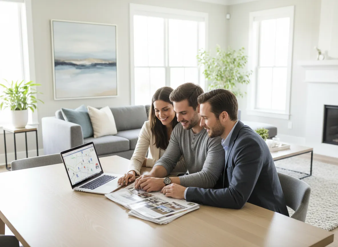 Real estate agent meeting with clients and reviewing property options