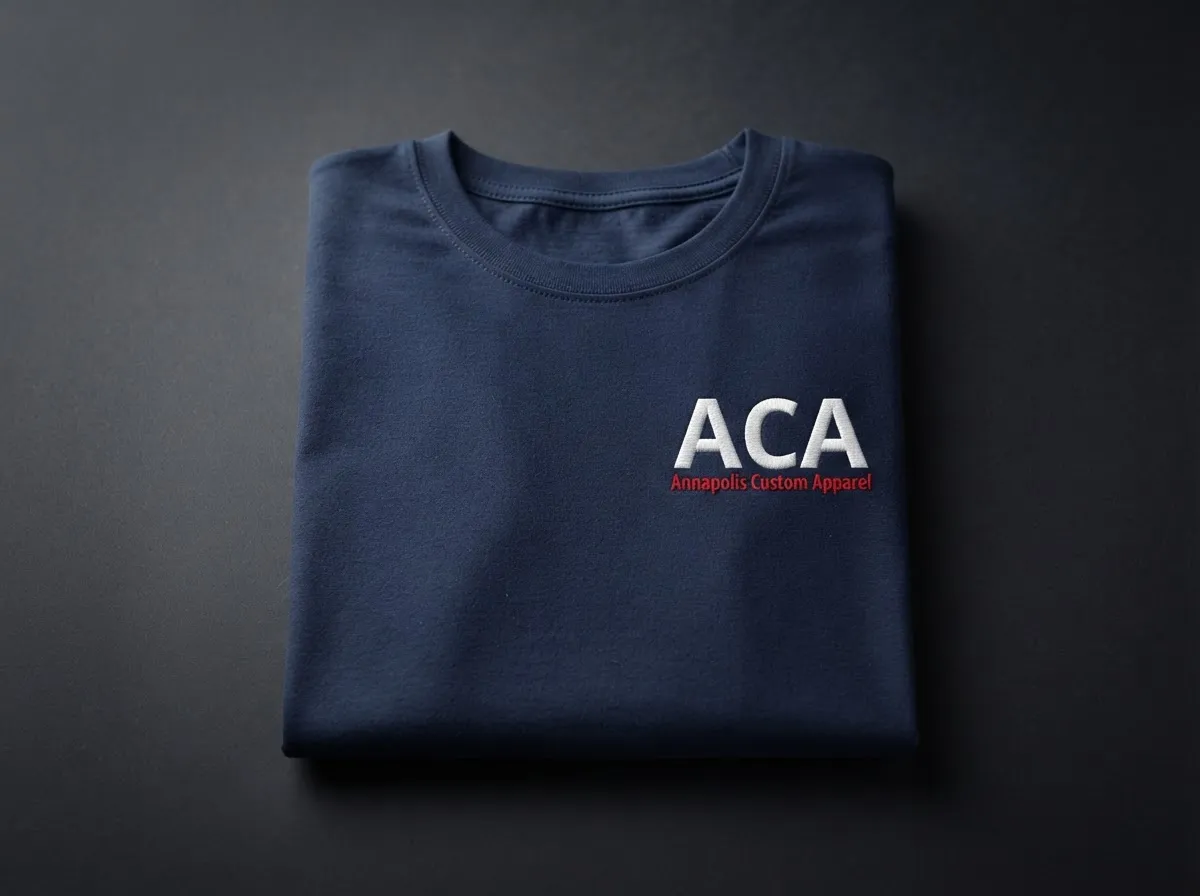 Folded navy T-shirt on a dark studio background with embroidered ACA in white and Annapolis Custom Apparel in red