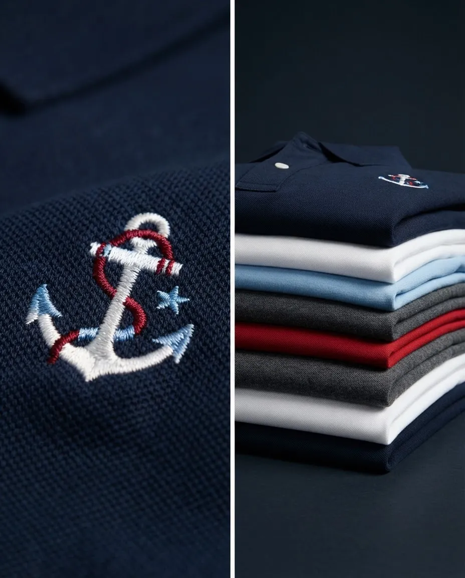 Composite panel detailing precise marine-grade embroidery threading alongside a pristine stack of folded corporate branded polos