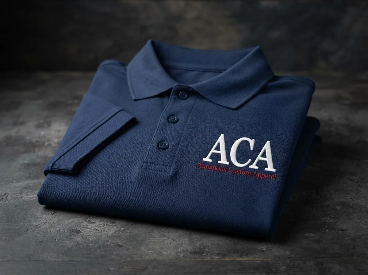 Folded navy polo shirt on a dark studio background with left-chest embroidery: 'ACA' in white and 'Annapolis Custom Apparel' in red.