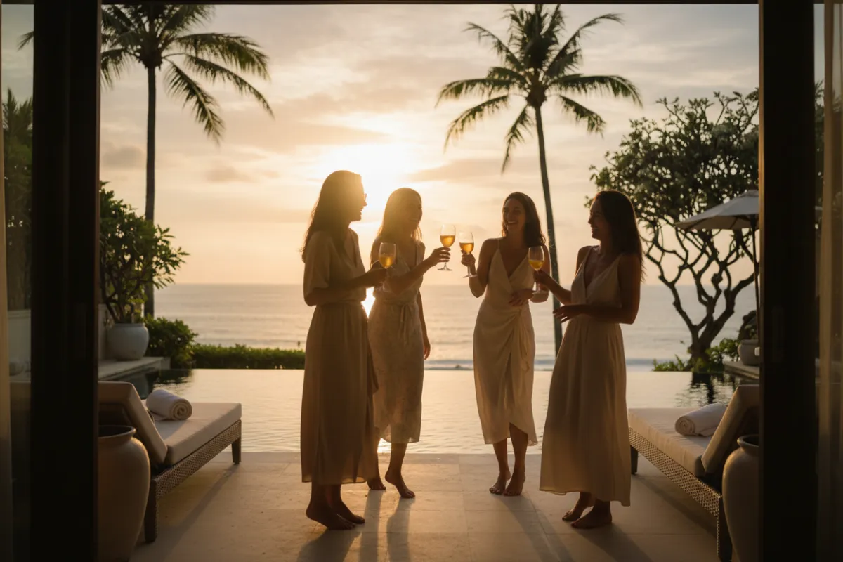 Escape to the tropical paradise of Bali for the ultimate girls getaway — small group of women enjoying a luxury beach or pool villa at sunset with palm trees and a joyful, relaxed atmosphere, crop-friendly 3:2 composition