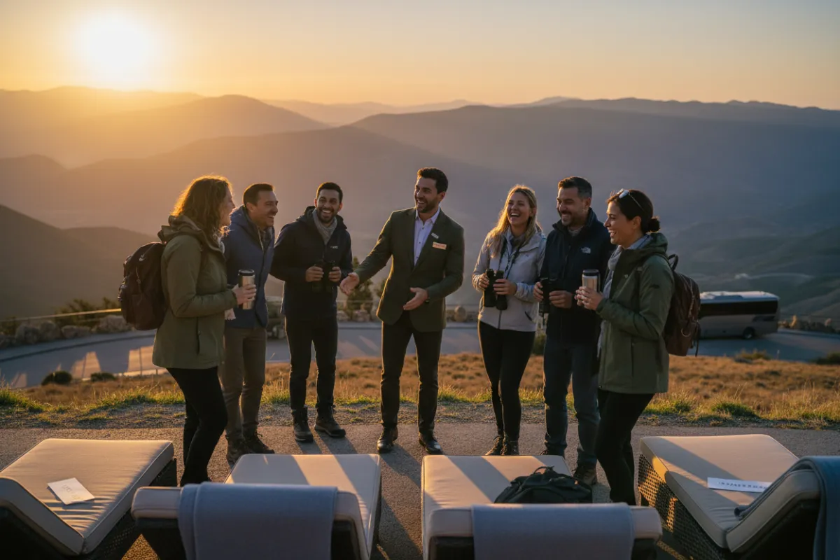 Sophisticated travelers on scenic overlook at sunset, ocean view