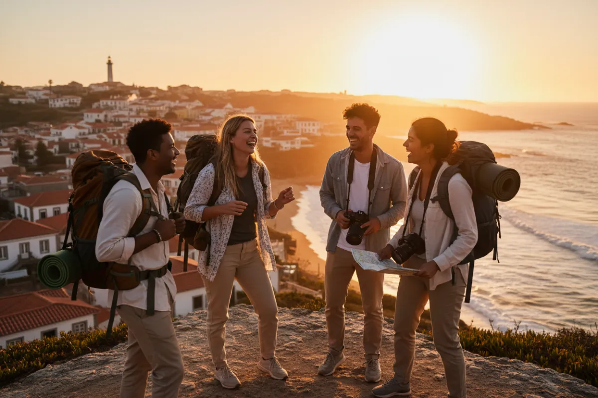 Stylish travelers enjoy a scenic sunset view at an overlook