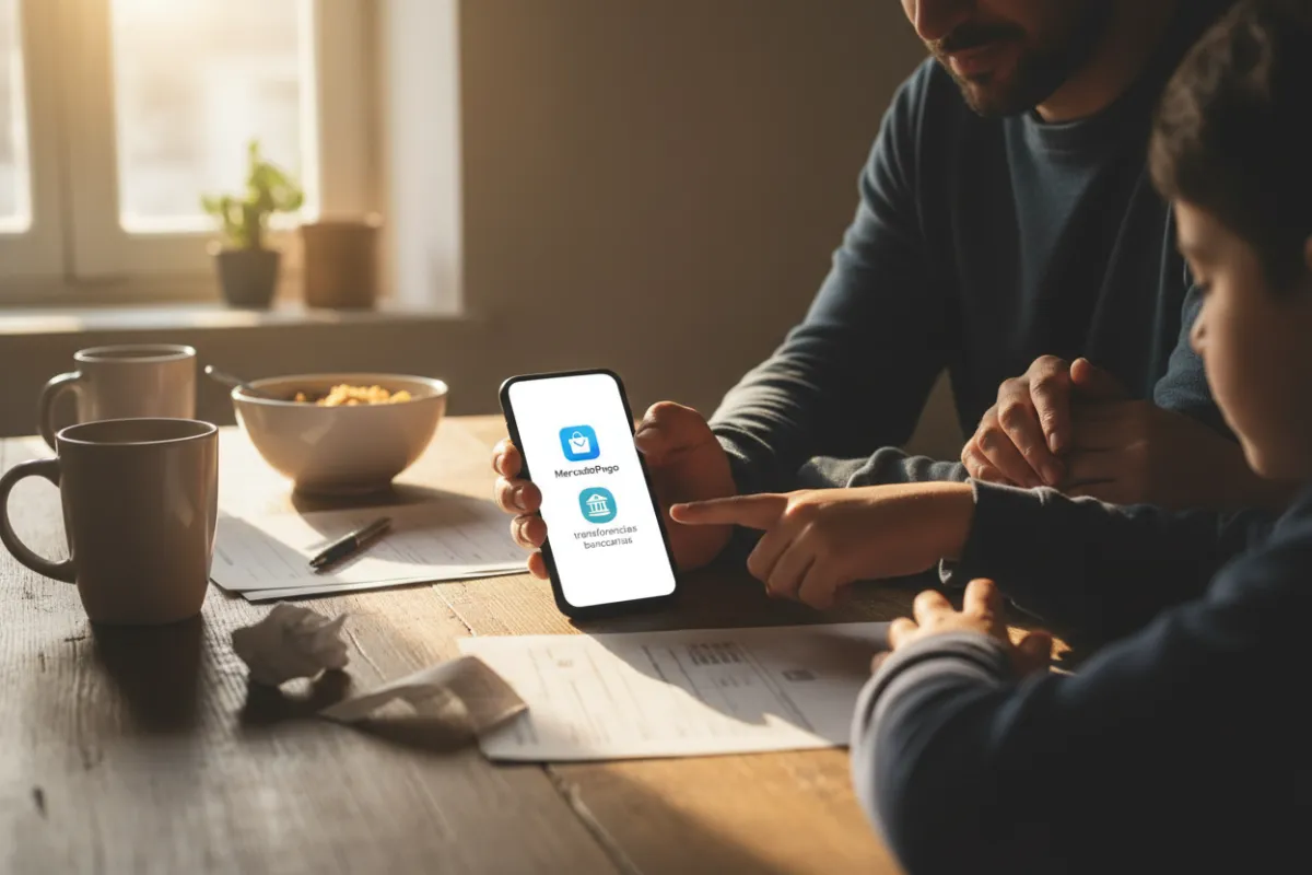 Familia gestionando el pago escolar desde un celular con iconos de MercadoPago y transferencias bancarias.