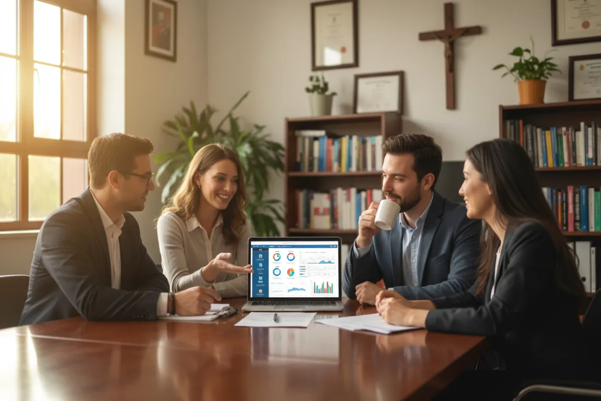 Equipo directivo de colegio parroquial trabajando con un panel de control en un portátil