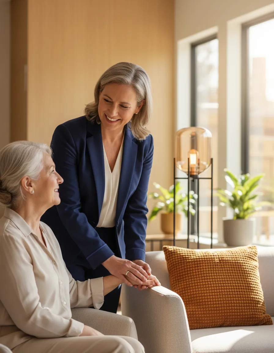Friendly management support team member assisting a resident