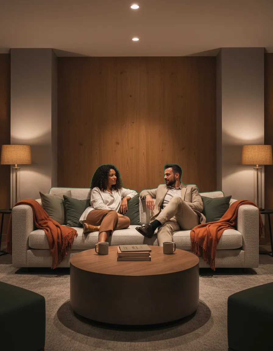 Residents relaxing comfortably in a modern shared lounge with warm lighting and deep comfort