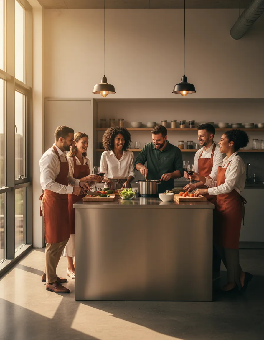 Residents sharing a warm meal together in a modern shared kitchen, fostering human connection
