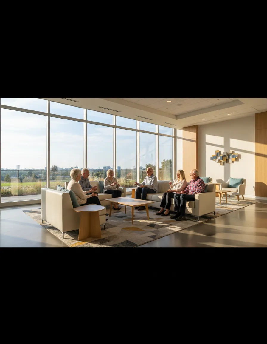 Friendly residents talking in a bright, modern community living area, illustrating a supportive housing environment