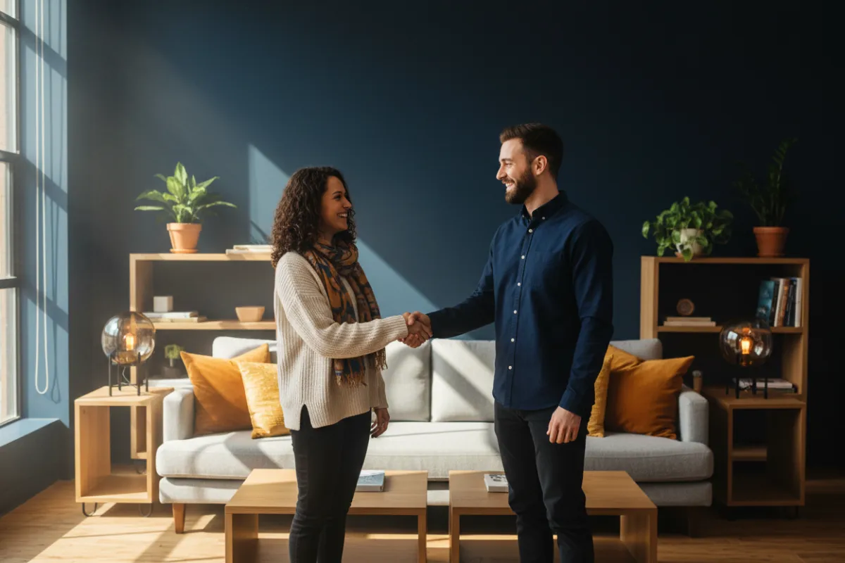 Residents exchanging a friendly handshake in a co-living lounge