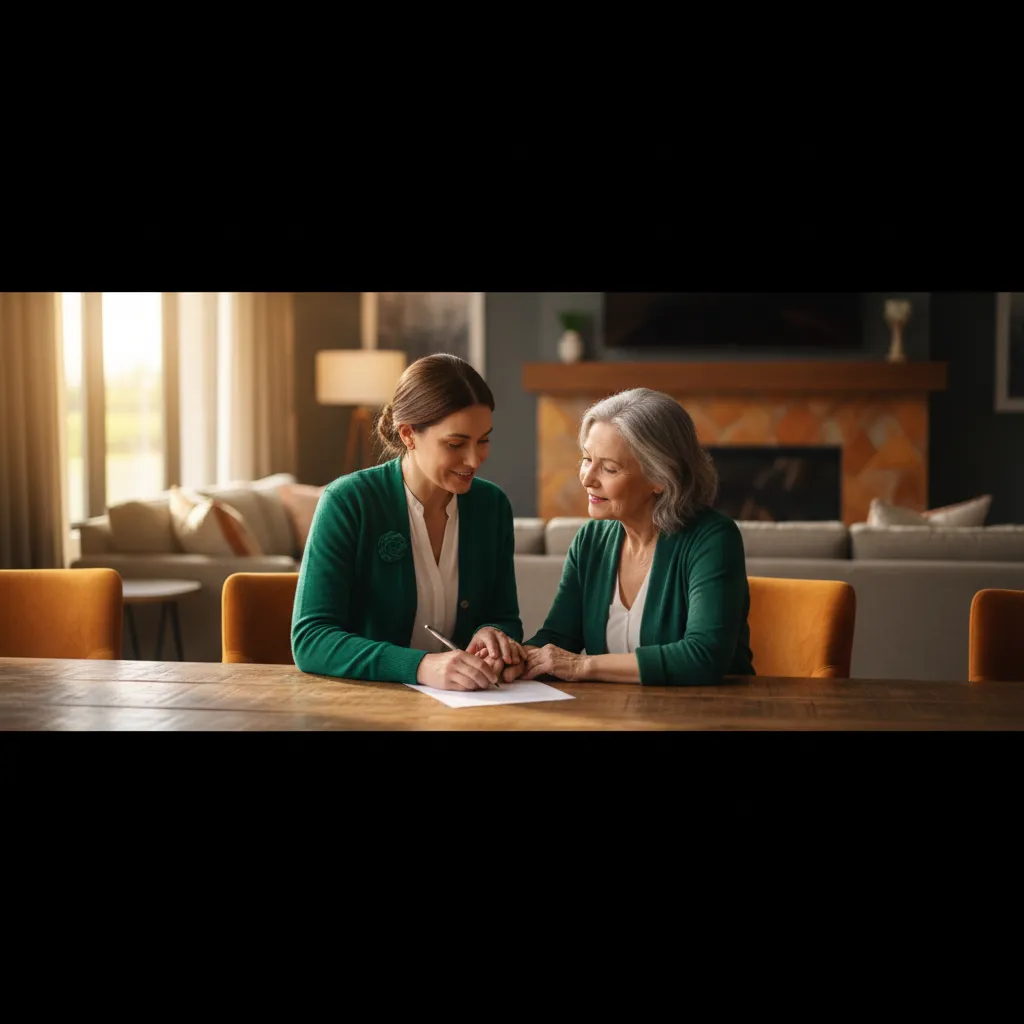 A supportive community member filling out housing application forms in a warm, welcoming environment