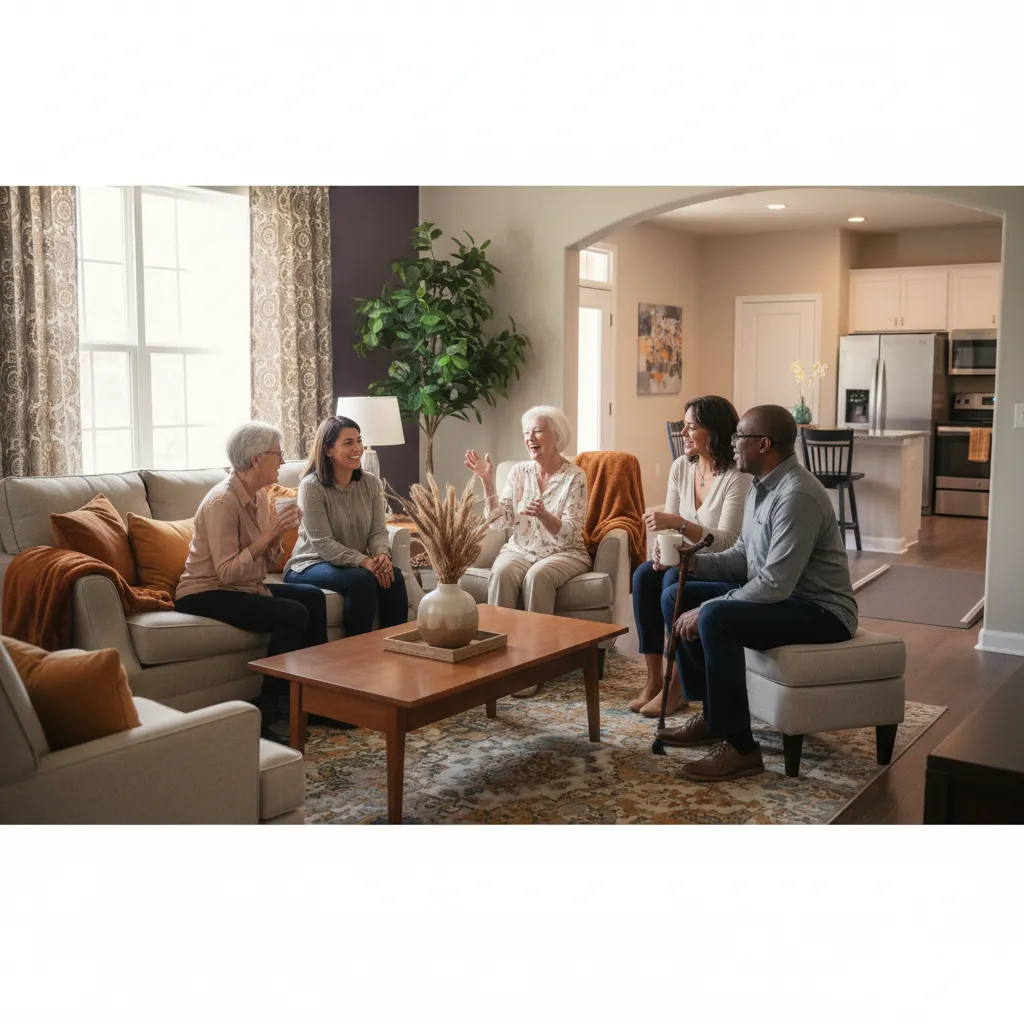 Seniors and adults socializing in a comfortable furnished home