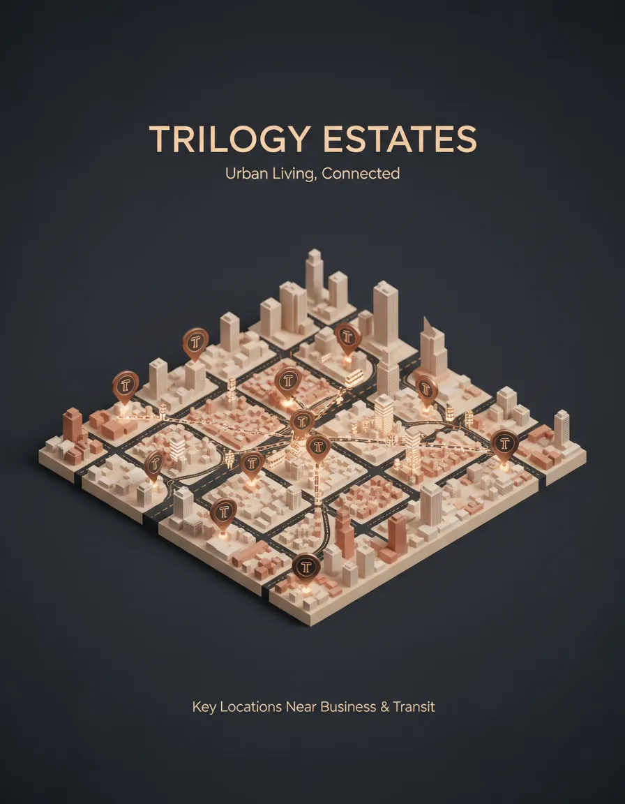 Stylized map showing Trilogy Estates locations near major business districts and transit hubs