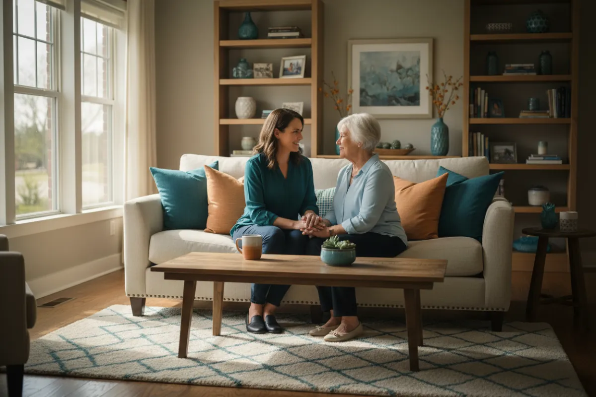 Compassionate support coordinator assisting a resident in a modern space