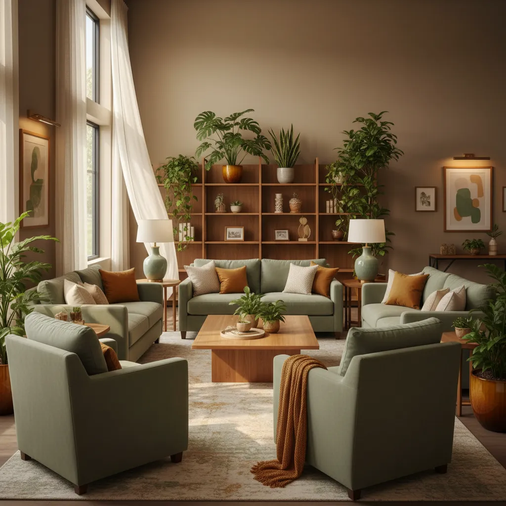 A soft-focus welcoming residential common space with warm lighting