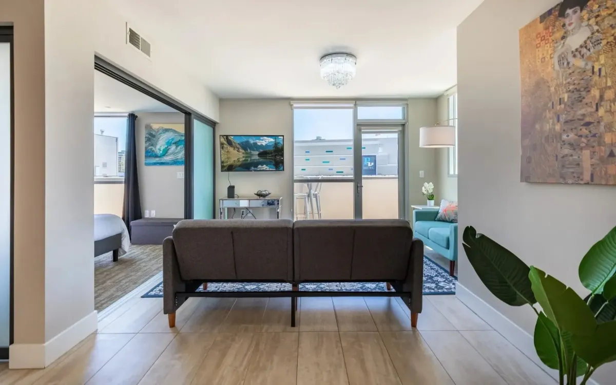 Contemporary living space with city view
