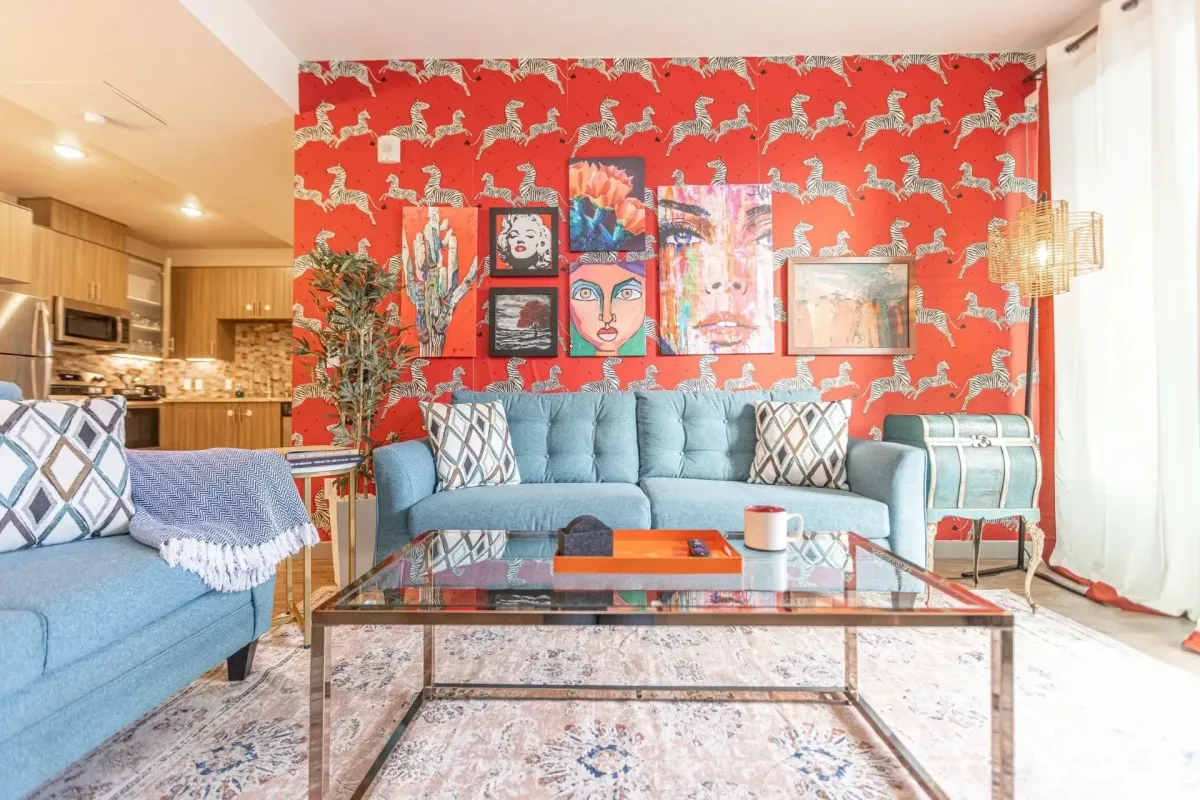 Colorful living room with red zebra wallpaper
