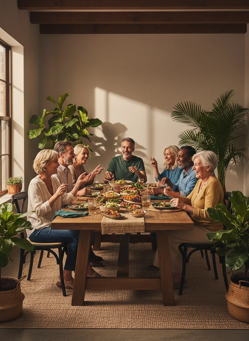 A warm, natural moment of residents enjoying a shared meal and meaningful connection.