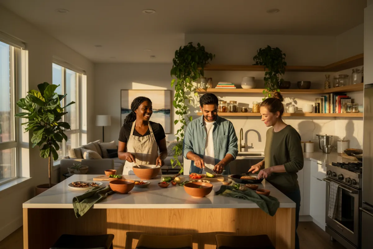Warm full-color modern shared kitchen with happy residents