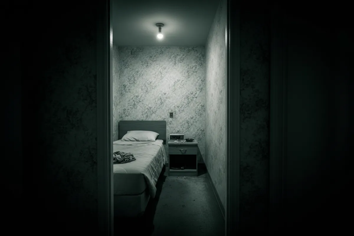 Grayscale blurry cramped motel room