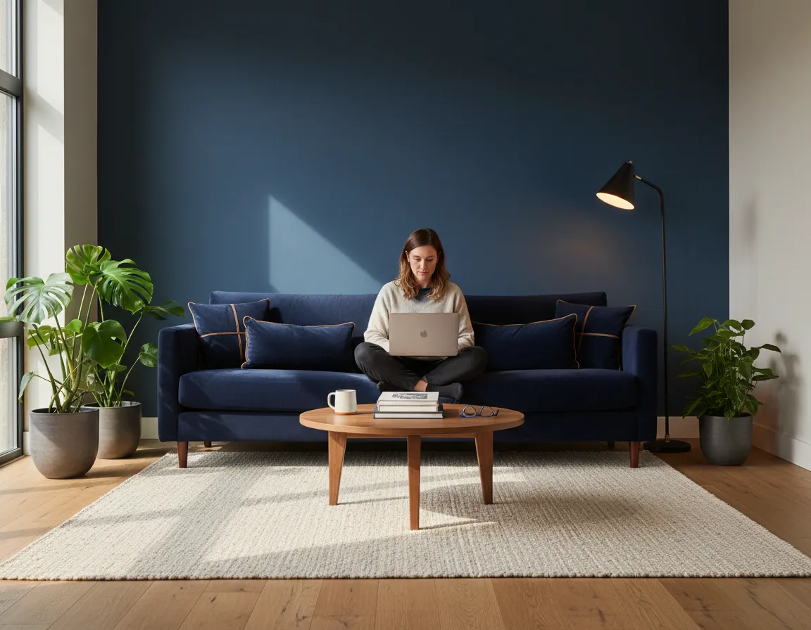 Traveling professional working in a comfortable, furnished living space