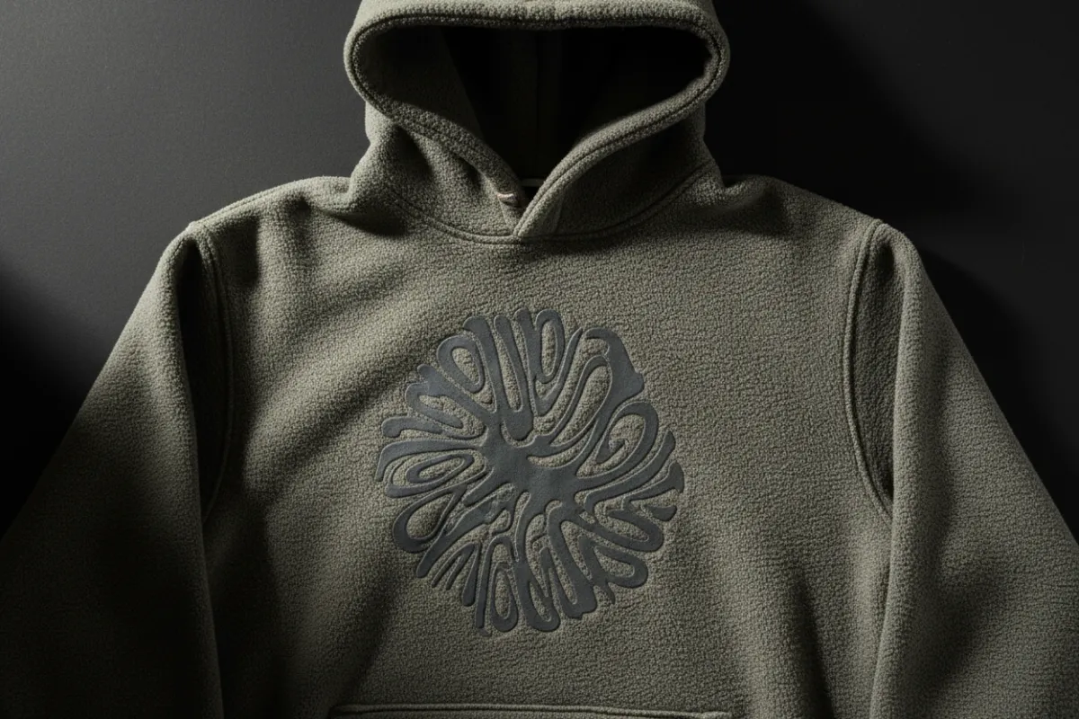 Thick premium hoodie showing raised tactile ink print