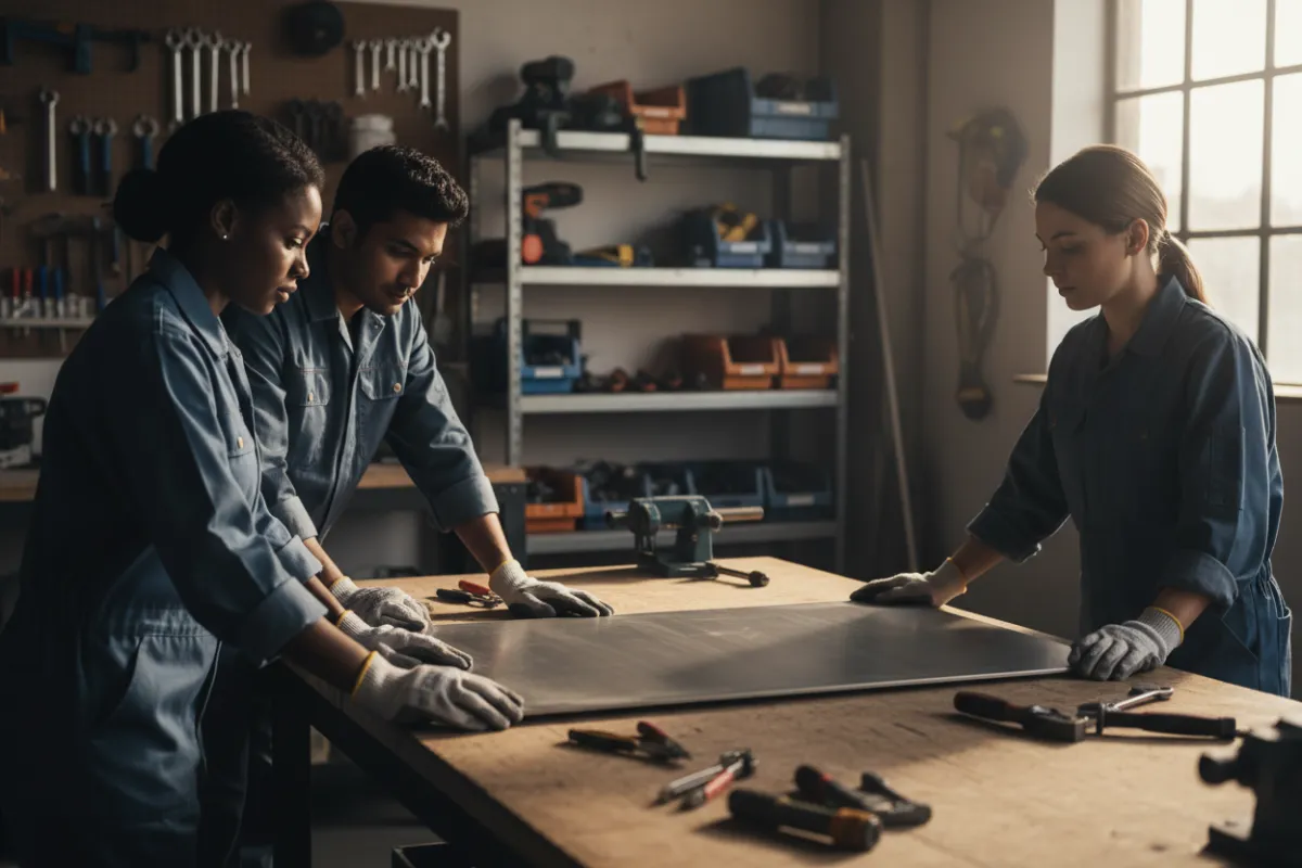 Three diverse workshop technicians positioning a large aluminium sign on a workbench, bright natural light from right, equipment and tool racks in soft focus, photorealistic, emphasizes craftsmanship and teamwork.