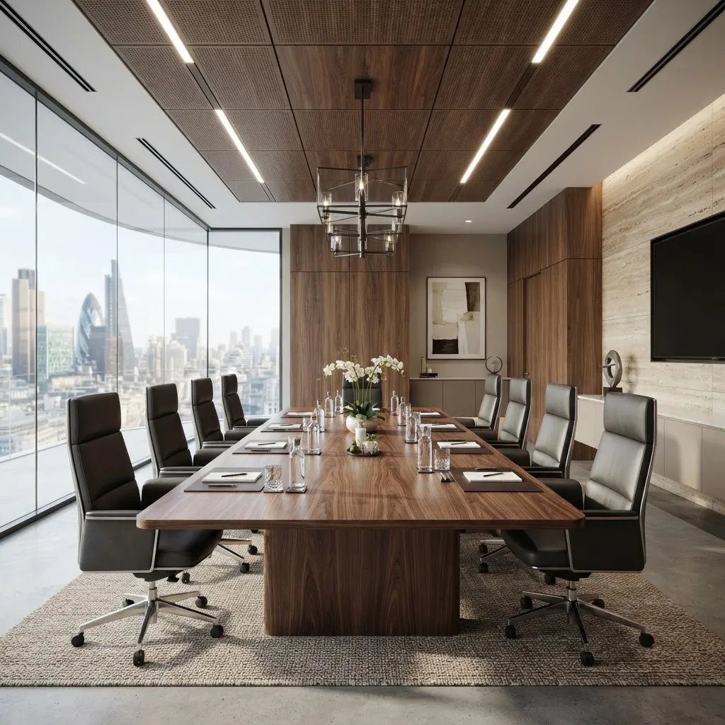 Modern executive boardroom interior with natural light, no people