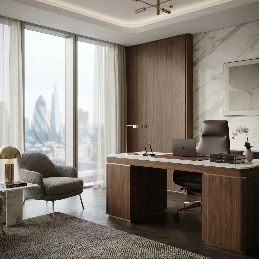 Luxury executive office desk vignette with marble and wood textures, no people