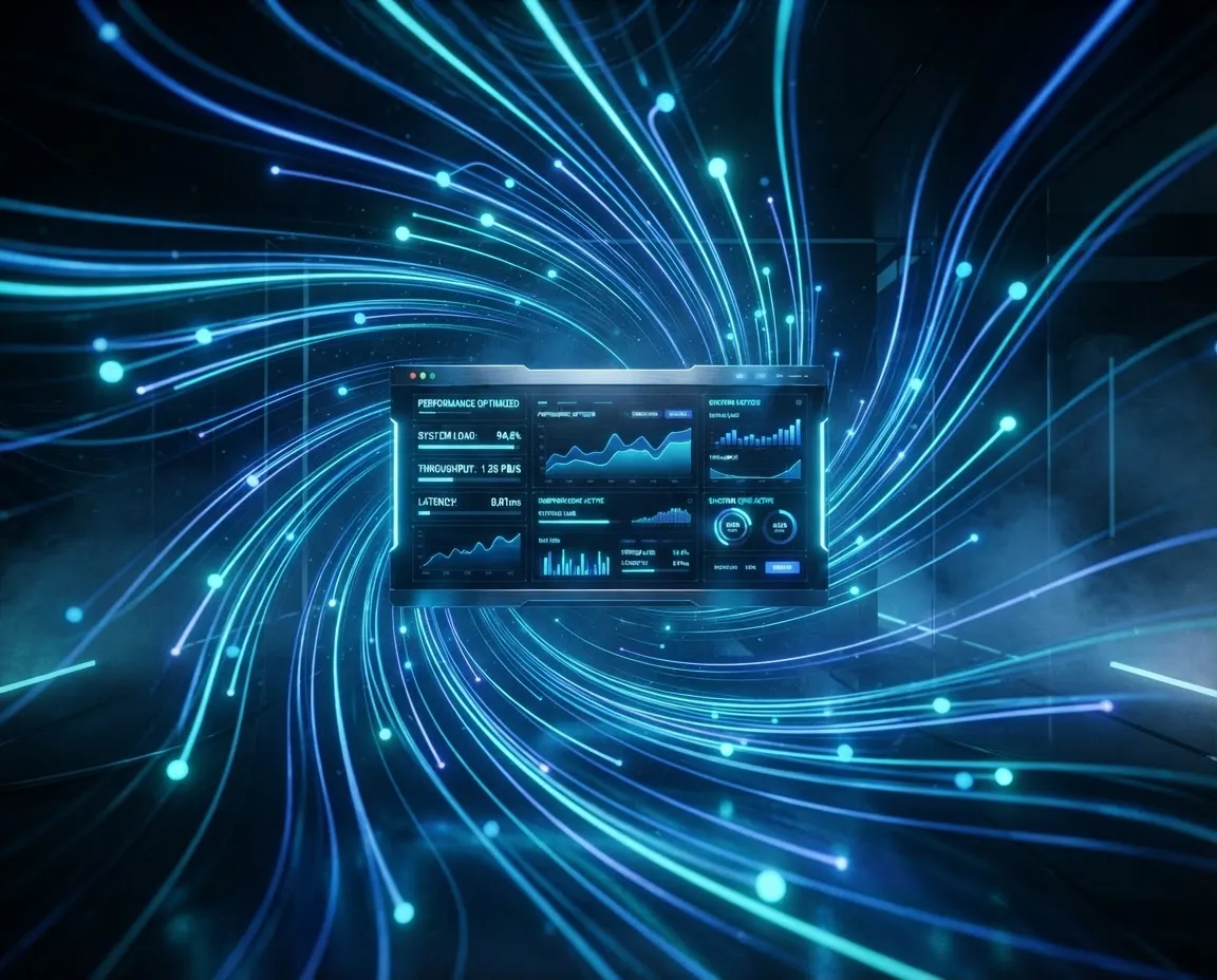 Futuristic code syntax matrix and quantum-level performance benchmark interface