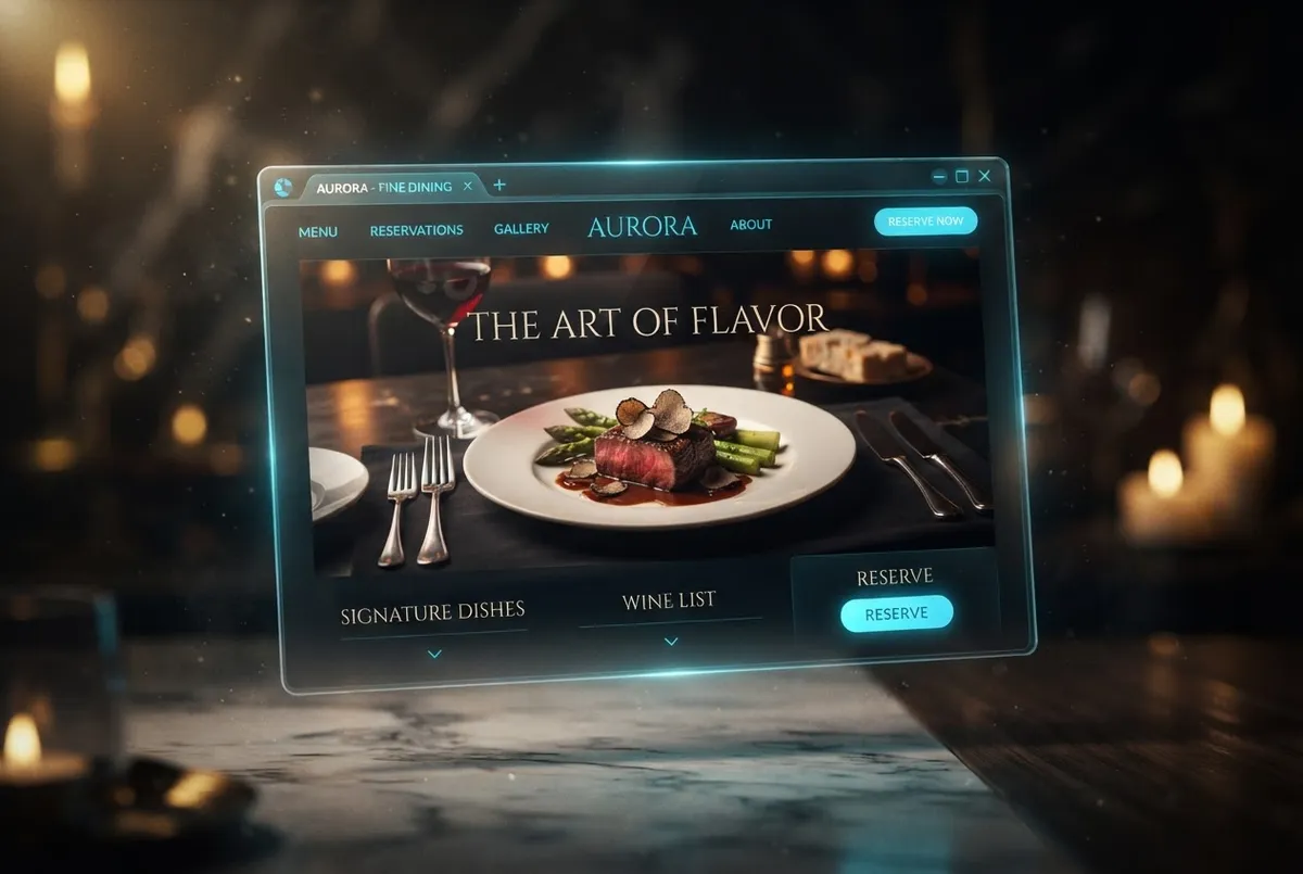 Angled 3D website mockup for Savor Molecular Bistro culinary experience with ambient dark interface
