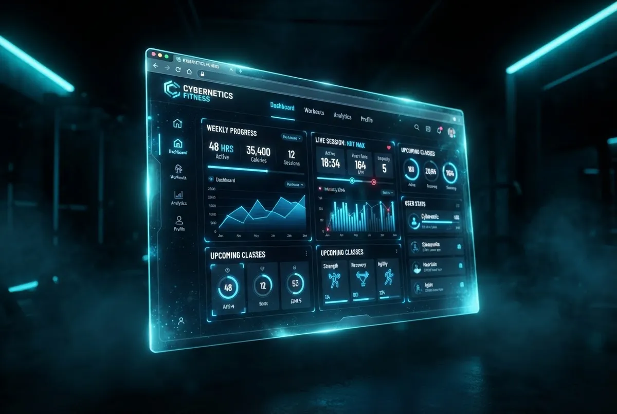 Angled 3D website mockup for Zenith Quantum Athletics biometric fitness web portal with neon metrics