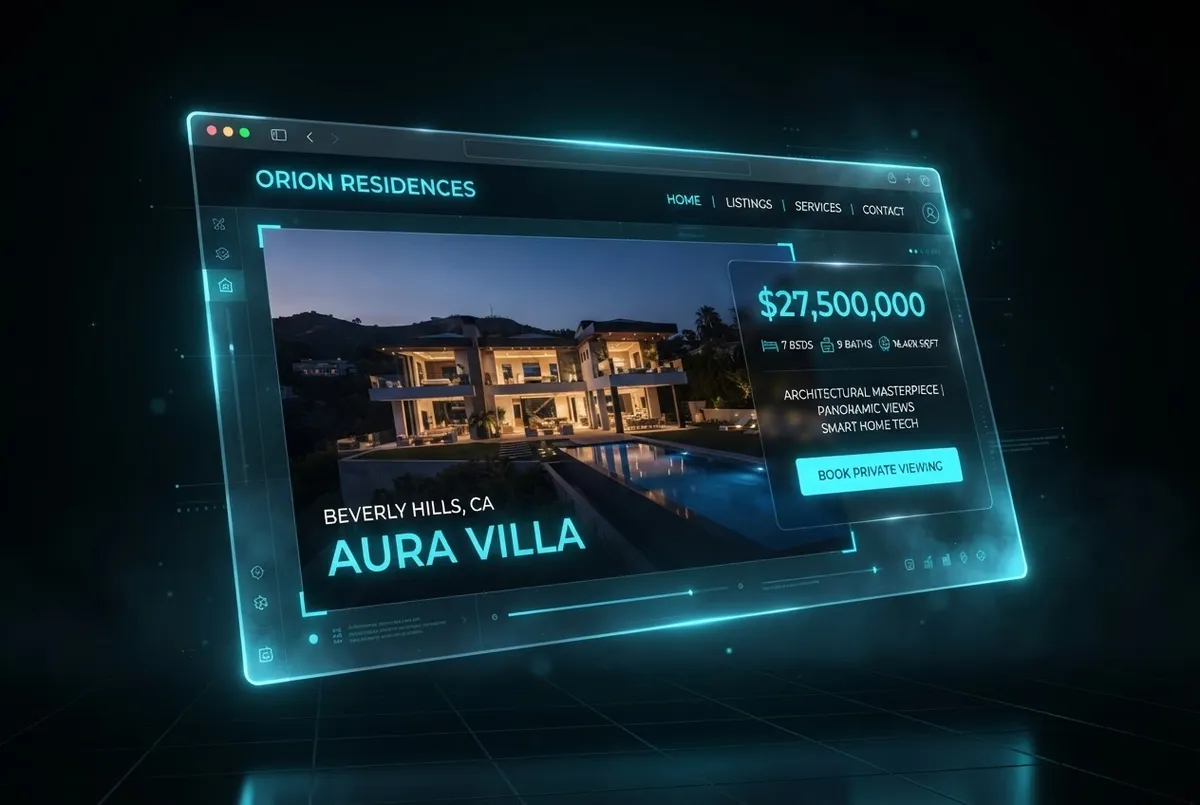 Angled 3D website mockup for Lumina Sky Residences luxury real estate platform in realistic glowing browser frame