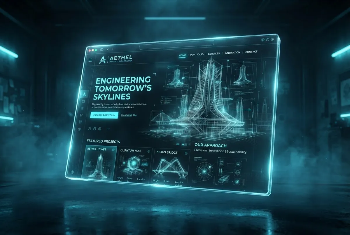 Angled 3D website mockup for Titan Architectural Builds commercial contractor portfolio with structural wireframes